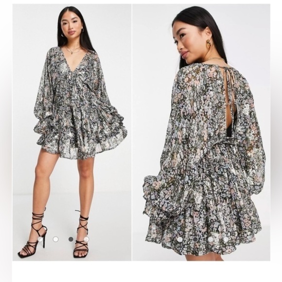 ASOS DESIGN mini smock dress tie waist ditsy Floral print chiffon Petite Size 8 - Picture 2 of 15